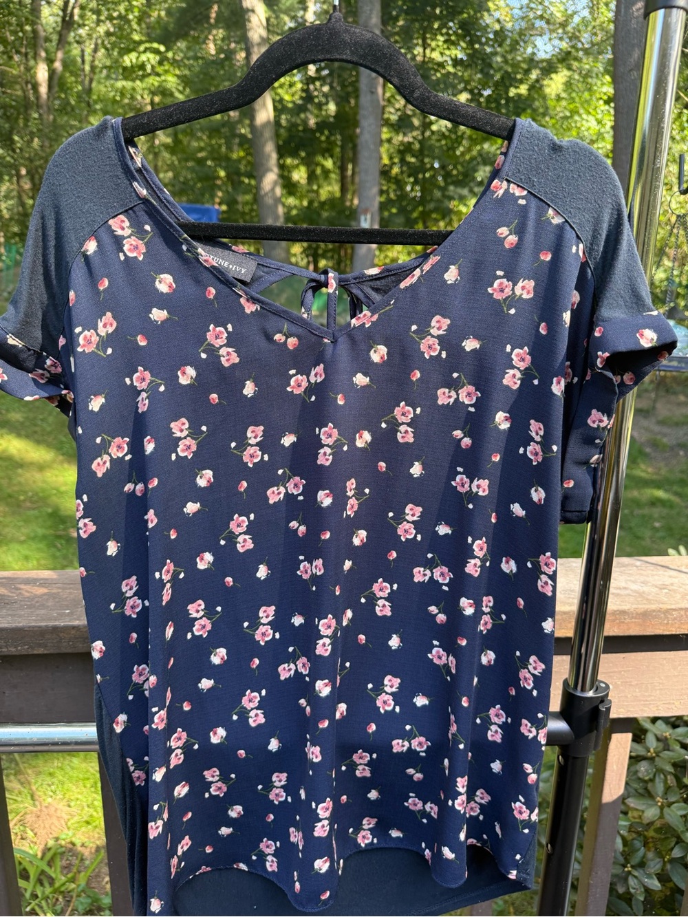 Navy Floral Short-Sleeve V-Neck Blouse with Back Tie